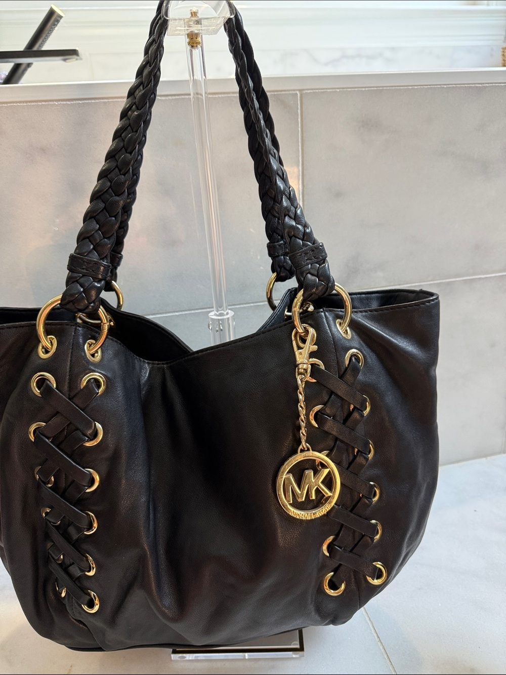 Michael Kors Black Leather Tote with Braided Handles and Gold Hardware
